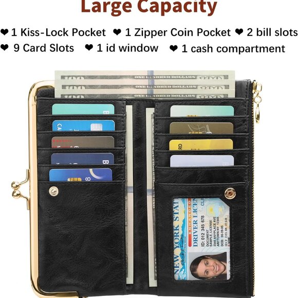 Elegant Vintage Women's Bifold Wallet with Kiss-Lock – Compact Black Clutch - Picture 4 of 8